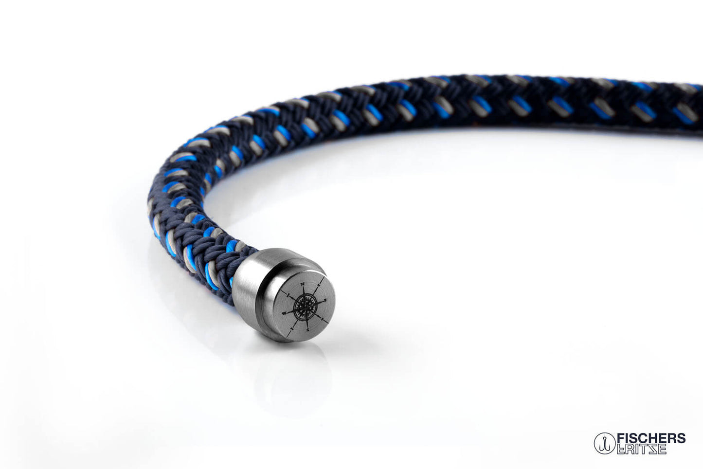 Fischers Fritze-Armband aus Segeltau, Makrele marineblau stahlblau silbergrau Gravur Kompass