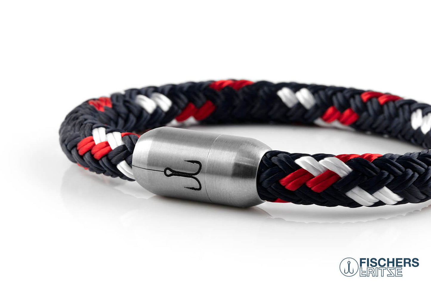 Geschlossenes, maritimes Fischers Fritze-Armband aus Segelseil, Makrele marineblau rot weiss, Angelhaken Edelstahl Gravur