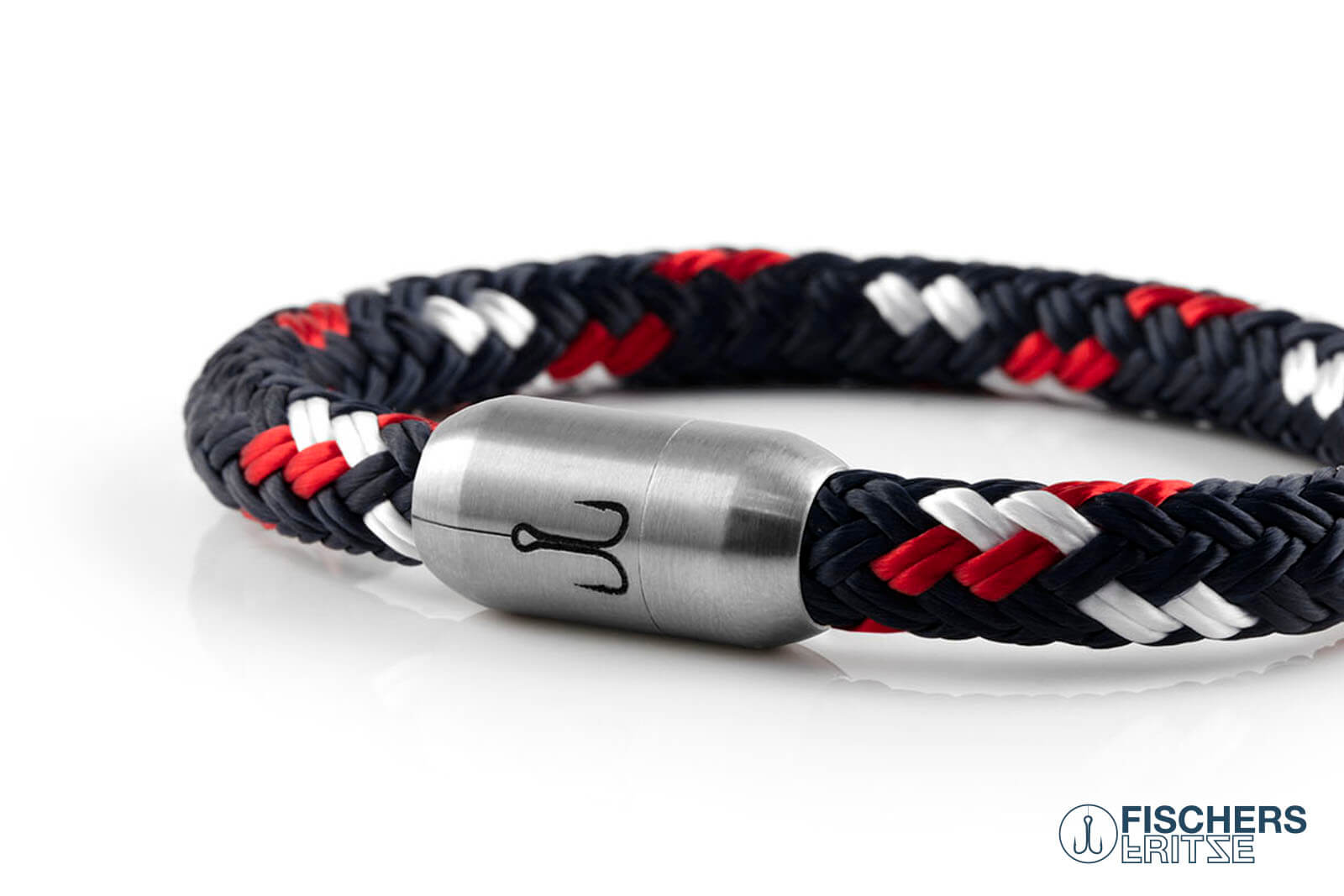 Geschlossenes, maritimes Fischers Fritze-Armband aus Segelseil, Makrele marineblau rot weiss, Angelhaken Edelstahl Gravur