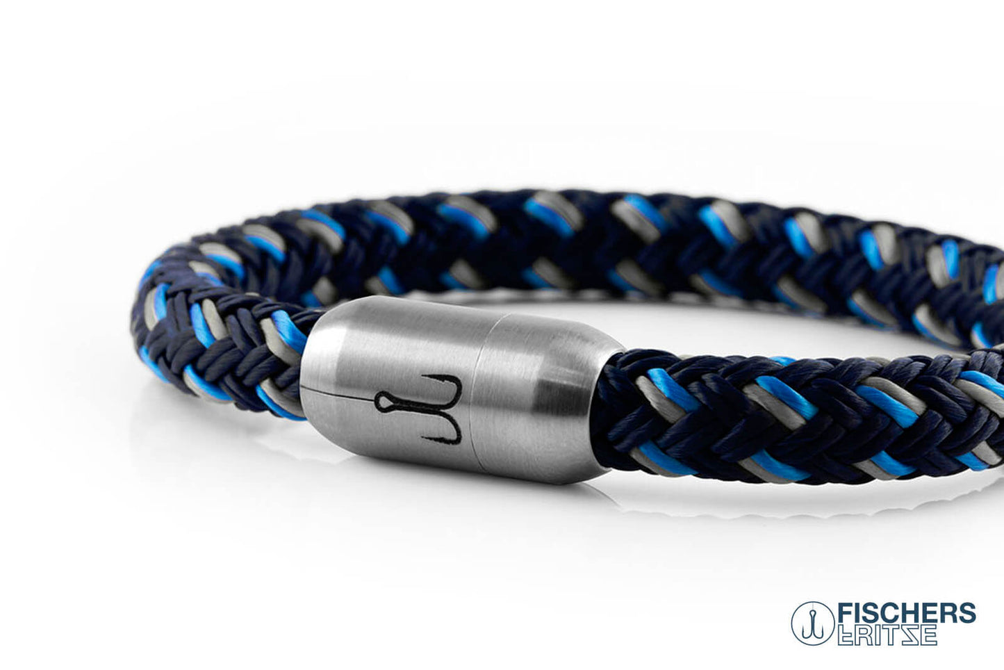 Armband Gravur Angelhaken Fischers Fritze Makrele aus Segeltau, stahlblau marineblau silbergrau Edelstahlverschluss