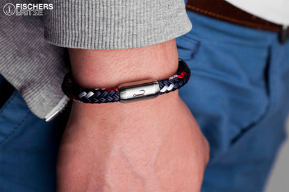 Armband Fischers Fritze Makrele Oskar aus Segeltau marineblau rot weiss, Edelstahl Gravur mit Angelhaken