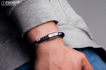 Armband Fischers Fritze Makrele wasserfestes Tau, marineblau weiss rot, Edelstahl Gravur